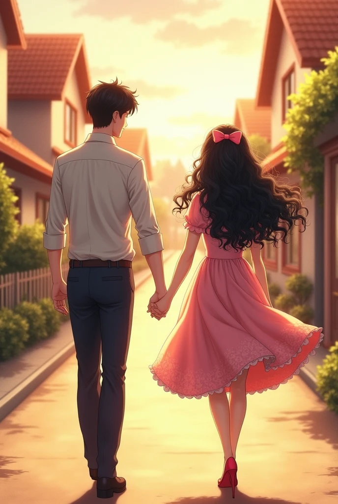 Make 1 woman from behind, Bblack hair, long and curly. She wears a pink bow in her hair and carries a. The woman is wearing a flared midi dress and is on a street with houses. Holding hands with the woman make a tall man, with brown hair and a disguised haircut on a street background with houses