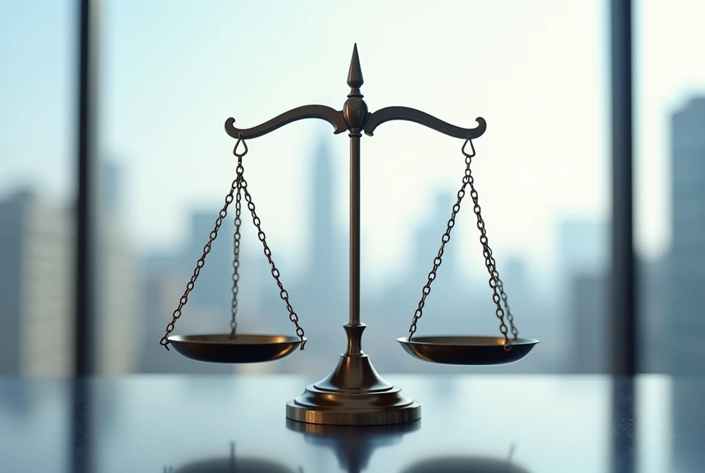 lawyer's scale, without people in the photo, background window and city, balance in the center
