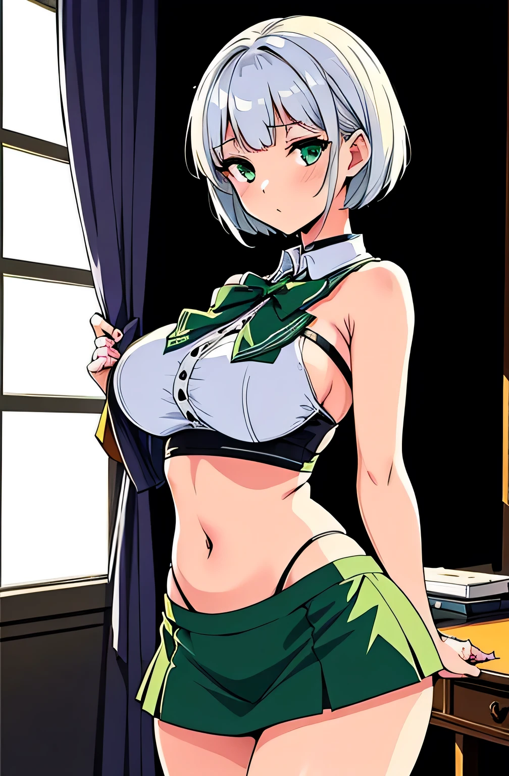 all intricate details, cientificamente: perfect body, girl 1, (masterpiece, best quality:1.2), illustration, solo, 1girl view, short hair, white hair, green eyes, short green blazer, black miniskirt, detailed background, looking at viewer, hair ornaments, indoors, sexy pose, front and sexy angle, open clothes