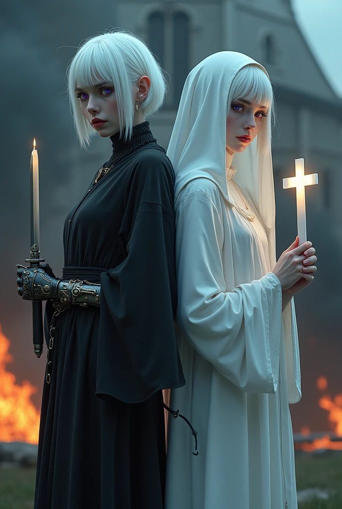 Two albino girls from the Middle Ages standing back to back with violet eyes and white hair, with the one on the left with short hair in dark alchemist clothes and with a steampunk prosthesis with a devilish symbol in her left hand holding a dagger and a cut on her face, and the one on the right in white nun&#39;s clothes holding a cross, with a burning church behind, the night.