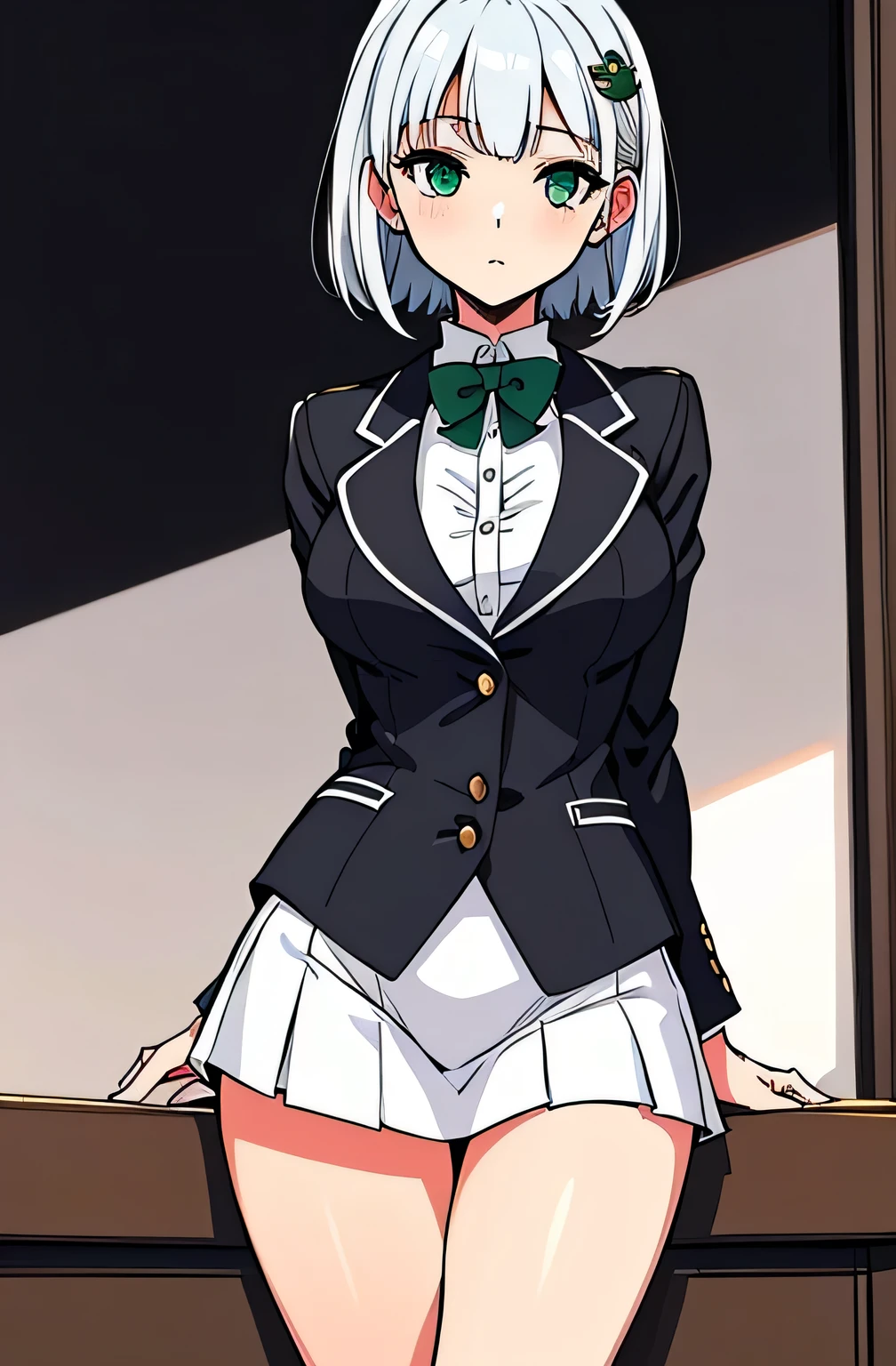 all intricate details, cientificamente: perfect body, girl 1, (masterpiece, best quality:1.2), illustration, solo, 1girl view, short hair, white hair, green eyes, short green blazer, black miniskirt, detailed background, looking at viewer, hair ornaments, indoors, sexy pose, front angle, open clothes