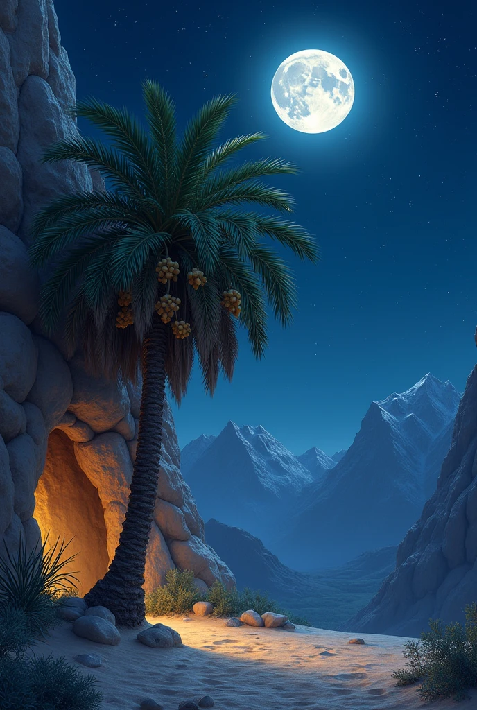 High quality image, best resolution, there is date palm tree near the cave. With long leafs, full of dates, night times, blue sky with gray clouds. Small stars and big white moon , mountain in the left side