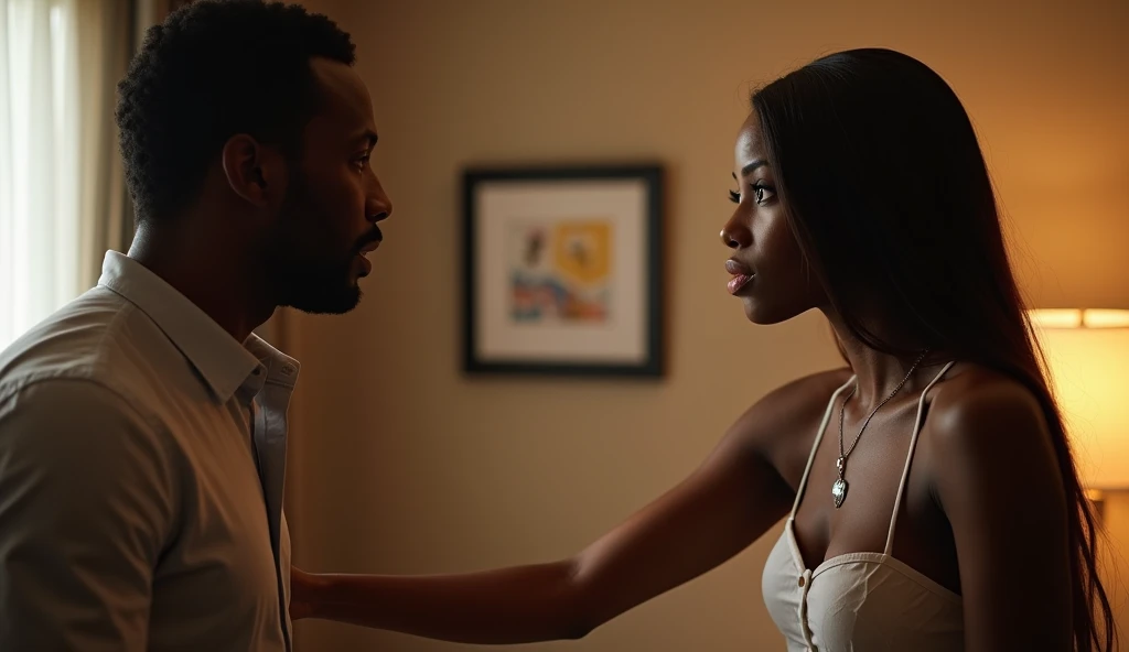 20-year old sexy, hot Nigerian female prostitute discussing with her male client in a hotel room.