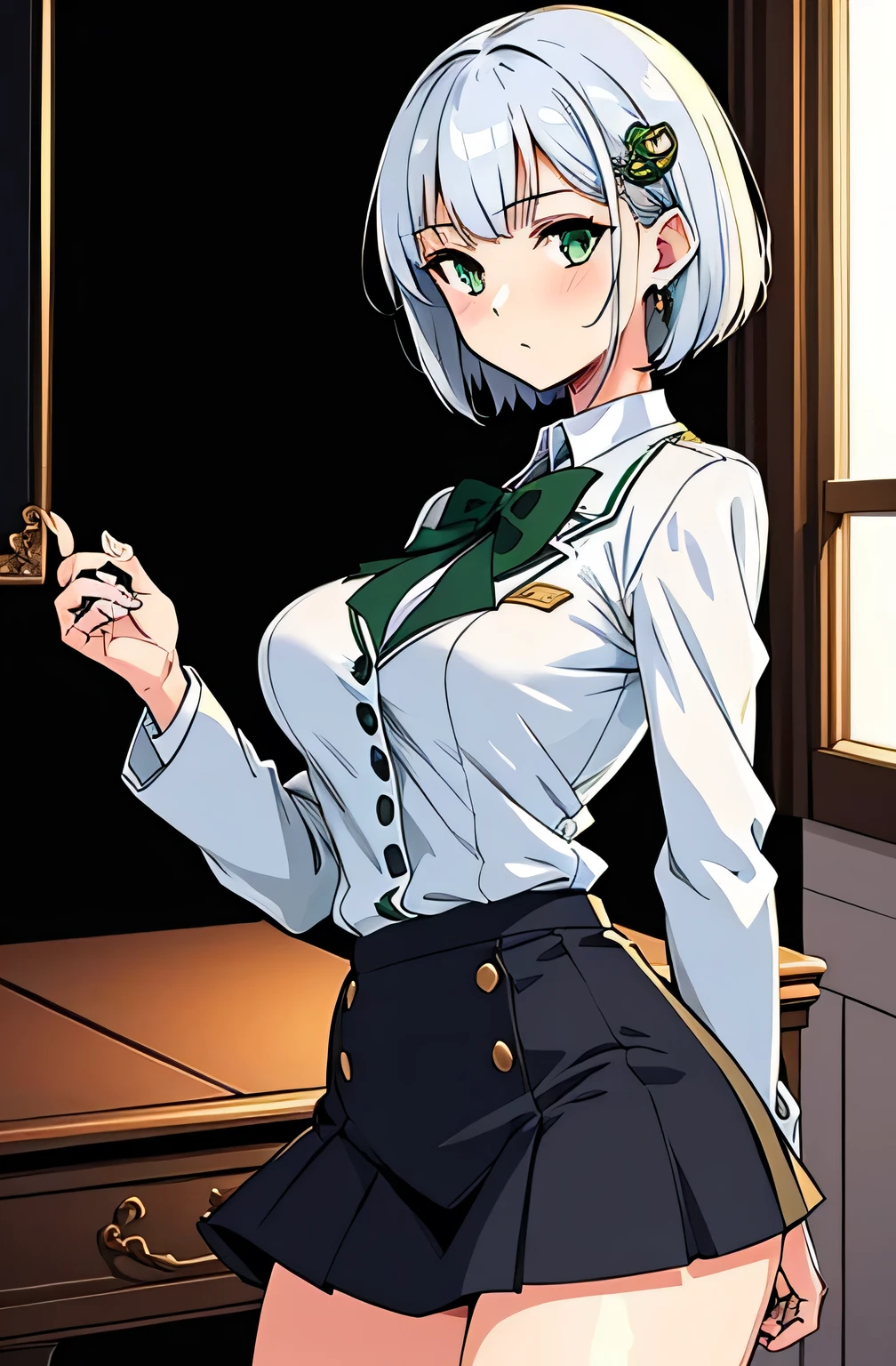 all intricate details, cientificamente: perfect body, girl 1, (masterpiece, best quality:1.2), illustration, solo, 1girl view, short hair, white hair, green eyes, short green blazer, black miniskirt, detailed background, looking at viewer, hair ornaments, indoors, sexy pose, front and sexy angle, open clothes