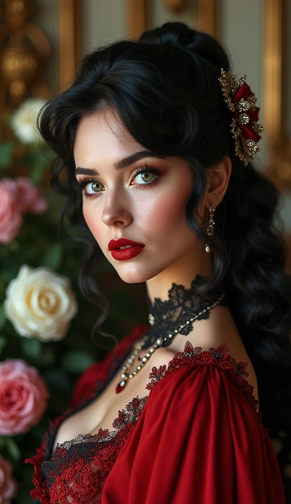 Create a beautiful woman, green eyes, detailed eyelashes and eyebrows, red mouth, long curly black hair tied on one side of the head, a jewel ornament in her hair, wearing a red Victorian style dress with lace and gold thread, choker lace with jewels, legs with black lace stockings, wearing a pair of high heel shoes, red soles, in intricate rococo style designs, with gold thread applications, atelier background, flowers, light falling on the hair, in the most high quality.