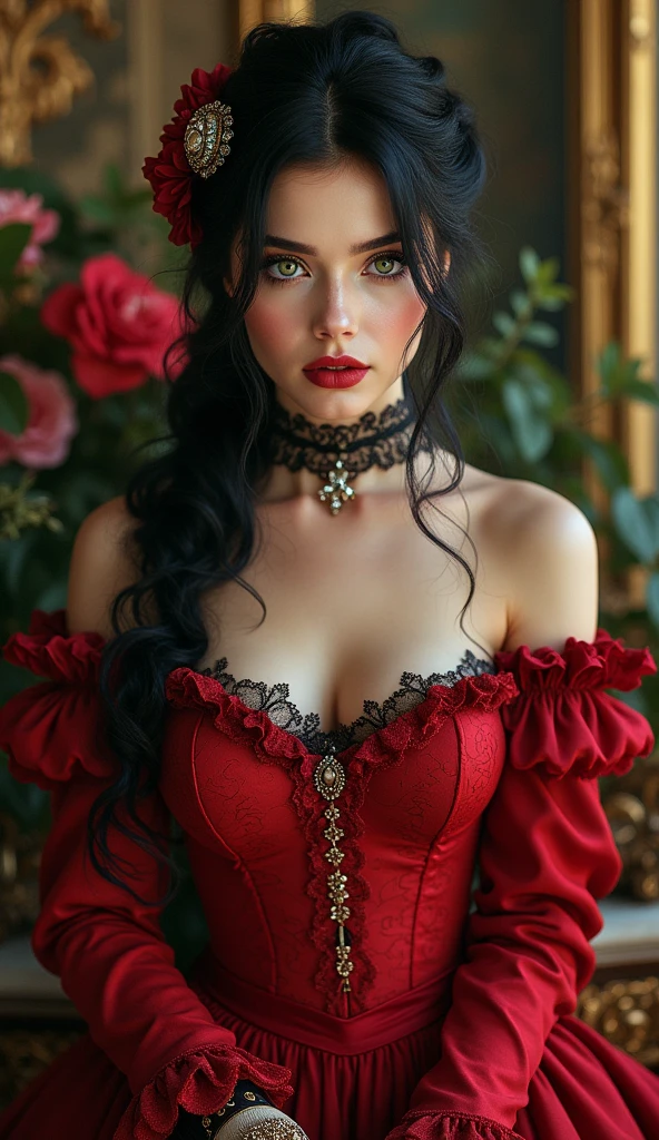 Create a beautiful woman, green eyes, detailed eyelashes and eyebrows, red mouth, long curly black hair tied on one side of the head, a jewel ornament in her hair, wearing a red Victorian style dress with lace and gold thread, choker lace with jewels, legs with black lace stockings, wearing a pair of high heel shoes, red soles, in intricate rococo style designs, with gold thread applications, atelier background, flowers, light falling on the hair, in the most high quality.