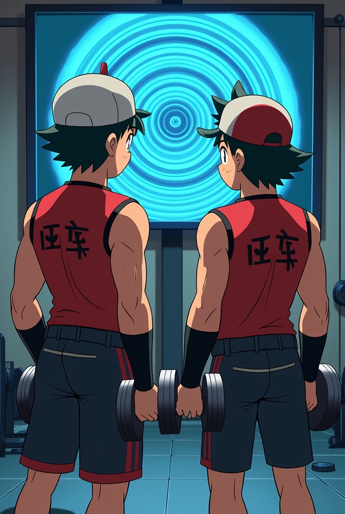 Ash Ketchum and Gary Oak from Pokémon anime wearing Team Rocket uniforms while lifting dumbbells in a gym staring ahead blankly into a monitor displaying a spiral while repeating the mantra, "Obey Giovanni...." and growing into muscular Team Rocket grunts loyal to Giovanni. big biceps. big triceps. broad shoulders. big traps. Broad chests. big traps. big deltoids. Big lats. Anime. Animated. Digital painting.