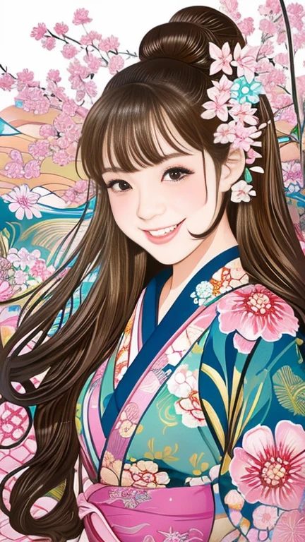(SeaArt creates stunning illustrations of beautiful women in kimono)、Vividly colored Japanese Ukiyo-e style illustrations、A beautiful woman smiles and shows her upper white teeth、Brown-black long hair、Beautiful full body style、If you want to dance, let&#39;s dance, Tokyo Ondo, Yoi Yoi、Beautiful new digital paintings,、Bright vibrant digital anime art、 Beautiful anime portraits、background,Japanese shrine torii gate front、 Detailed digital anime art、
