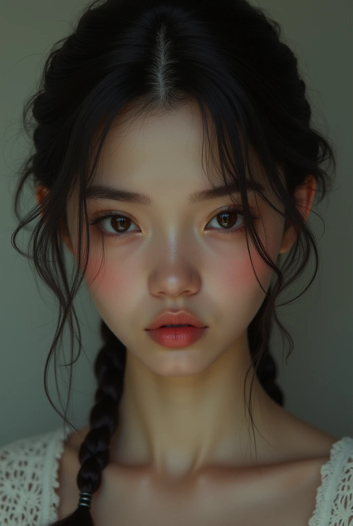 Create a brunette with short braided hair, with a lot of cheek, a striking but shy look