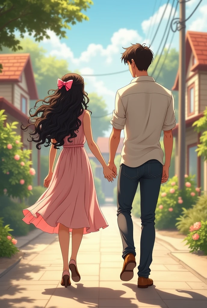 Make 1 woman from behind, Bblack hair, long and curly. She wears a pink bow in her hair and carries a. The woman is wearing a flared midi dress and is on a street with houses. Holding hands with the woman make a tall man, with brown hair and a disguised haircut on a street background with houses