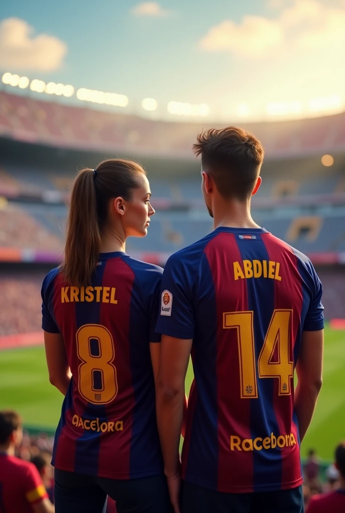 Woman and man from behind looking forward wearing the Barcelona shirt with the numbers 8 and 14 with the names Kristel and Abdiel with the girl's hair tied to one side and jeans in a football stadium and the man without a beard