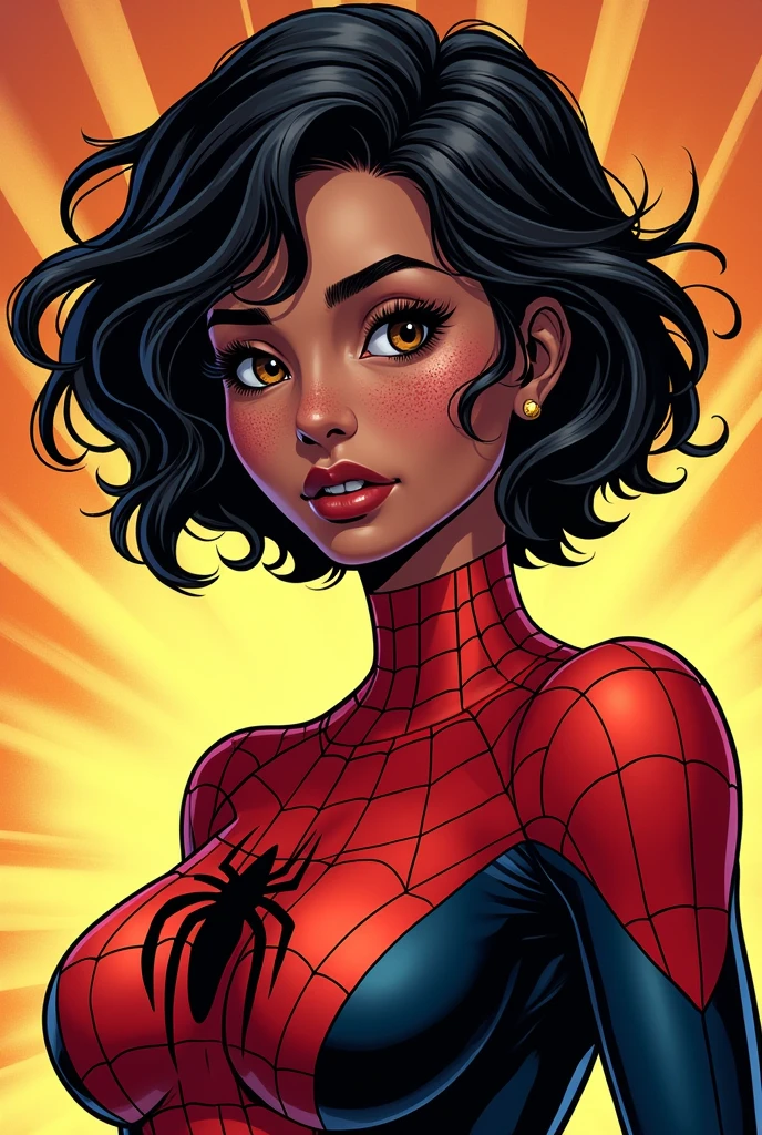 Make me a comic book girl dressed as spiderwoman, Short black curly hair with yellowish tones below, semi-slanted eyes, semi-wide nose with freckles on parts of his face, face outlined with something round, Very pretty semi-wide lips and dark skin, black eyes with some brown