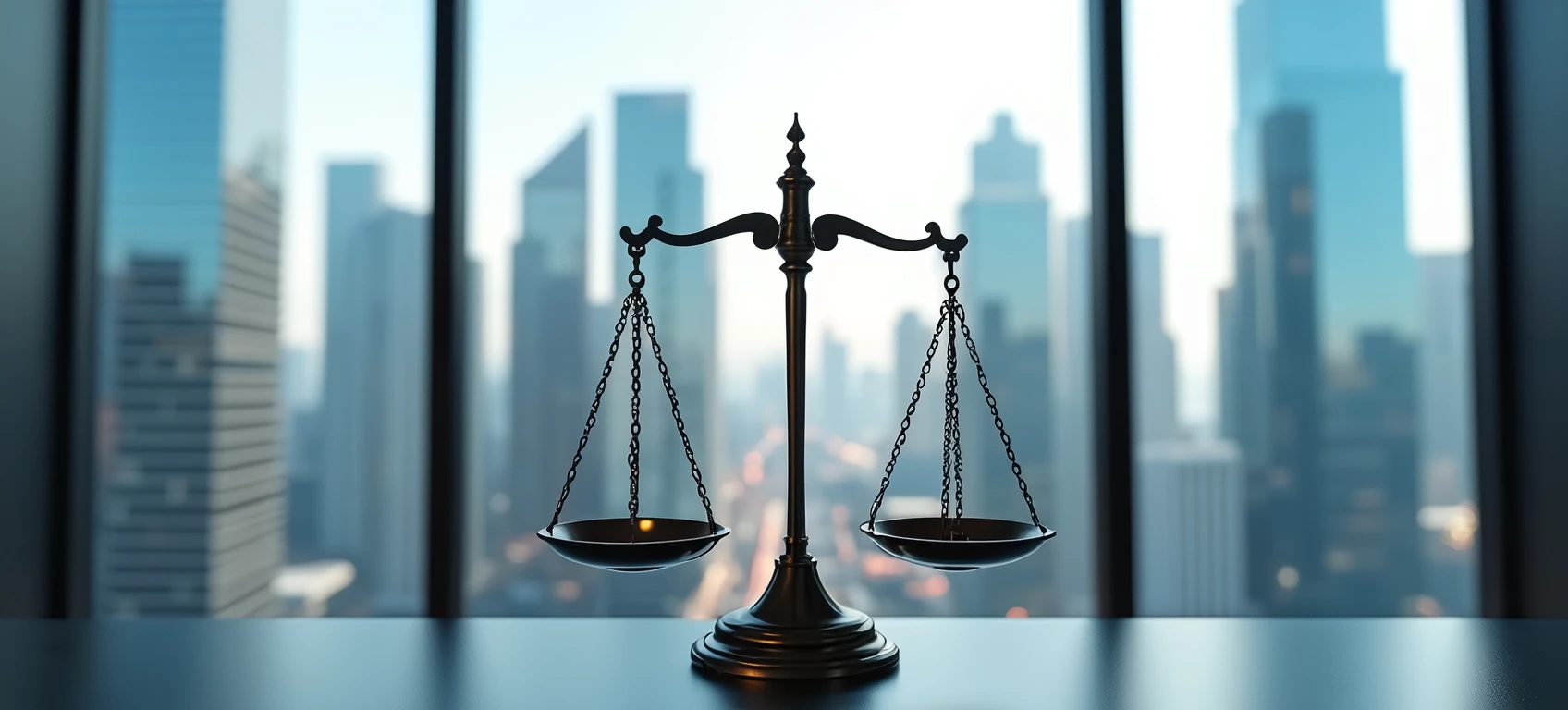 lawyer's scale, without people in the photo, background window and city