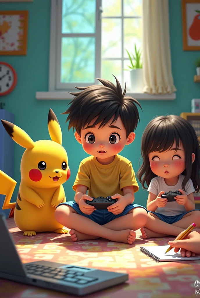 A boy playing video games, a pikachu boy and a girl drawing