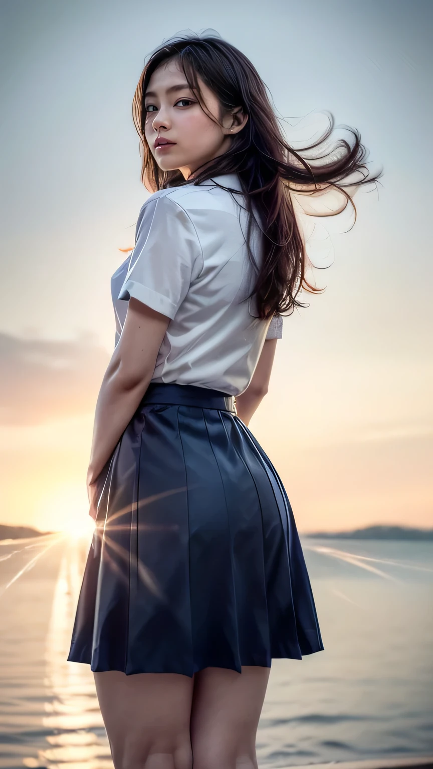 (Climbing the stairs:1.2、Carry a backpack、Stick your butt out)、((White blouse、(Wearing a navy blue long skirt:1.3、Circular skirt))、(Rear View、View from directly below)、(Realistic、Like a photograph、Live Action、8k, Realistic, RAW Photos, Best image quality: 1.4), Single-lens reflex camera、RAW Photos, Highest quality, Realistic, Highly detailed CG Unity 8k wallpaper, Written boundary depth, Cinematic Light, Lens flare, Ray Tracing, Realistic background、((ultra high density skin))、 after school、(whole body:1.5)、Long Hair 1.2、Hair blowing in the wind:1.4)、I like that style、stylish、Very detailed、Pay attention to the details、Perfect outfit、(Sunburned skin)、Rear View、Accurate hands、Accurate legs、Detailed hands and fingers、Anatomically correct body、Thin legs、Thin thighs、Small breasts、Very detailedな顔