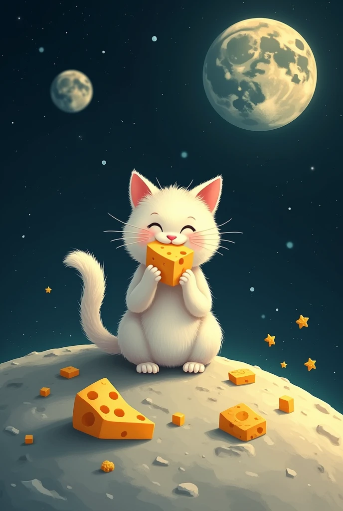 Cat on the moon eating cheese