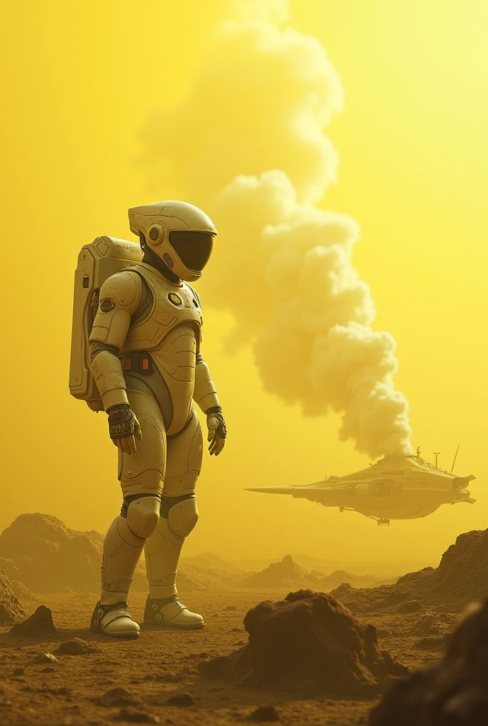 sci-fi art man in high-tech spacesuit on the surface of a sulfur planet. yellow fog. in the background there is a landed spaceship. white steam from the engines comes out and falls to the surface. Realism.
