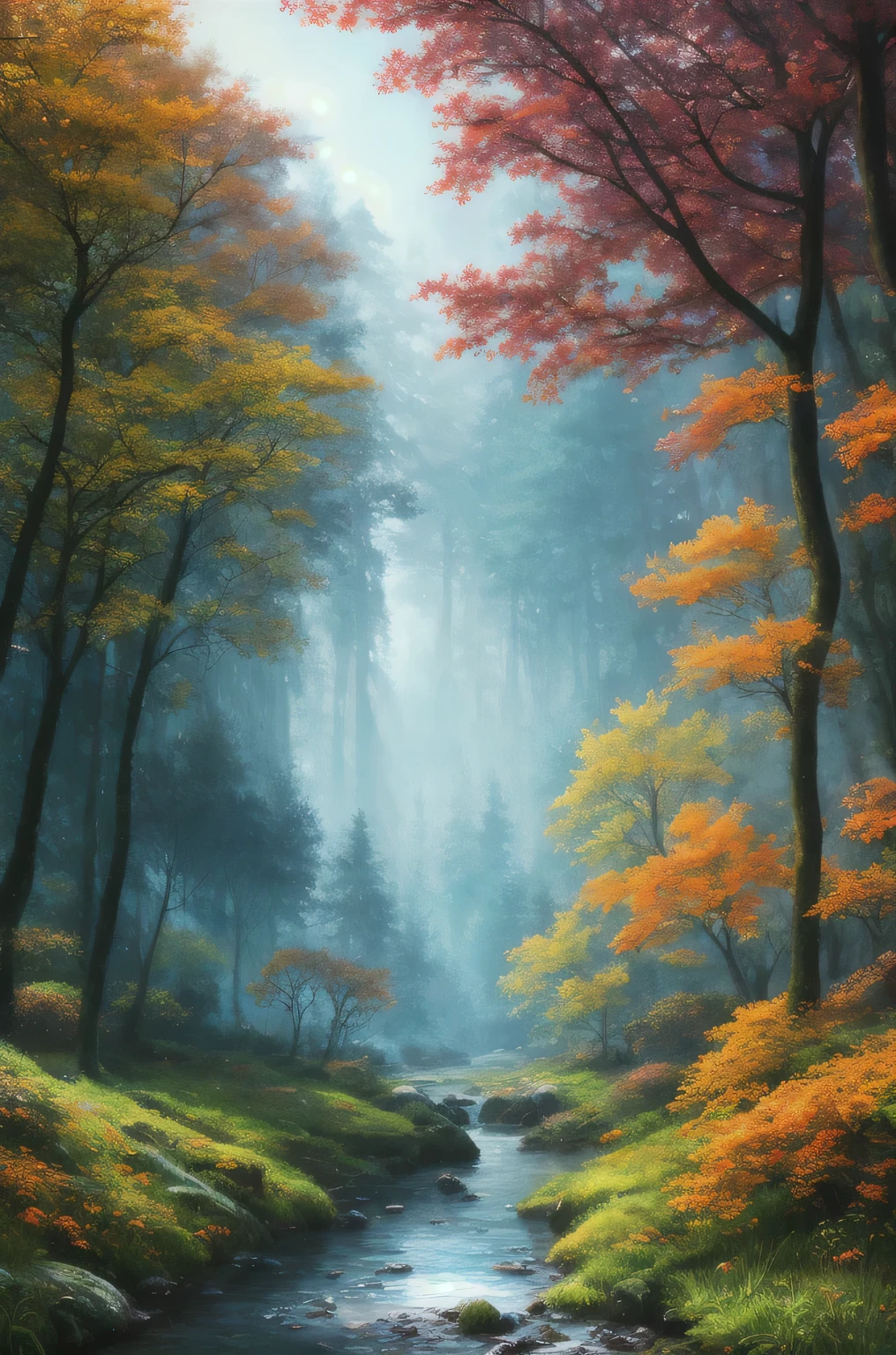  autumn, masterpiece, best quality, high quality,extremely detailed CG unity 8k wallpaper, An enchanting and dreamy scene of a fantasy forest, with towering trees, glowing mushrooms, and hidden fairy glens, creating a sense of mystique and enchantment, artstation, digital illustration, intricate, trending, pastel colors, oil paiting, award winning photography, Bokeh, Depth of Field, HDR, bloom, Chromatic Aberration ,Photorealistic,extremely detailed, trending on artstation, trending on CGsociety, Intricate, High Detail, dramatic, art by midjourney