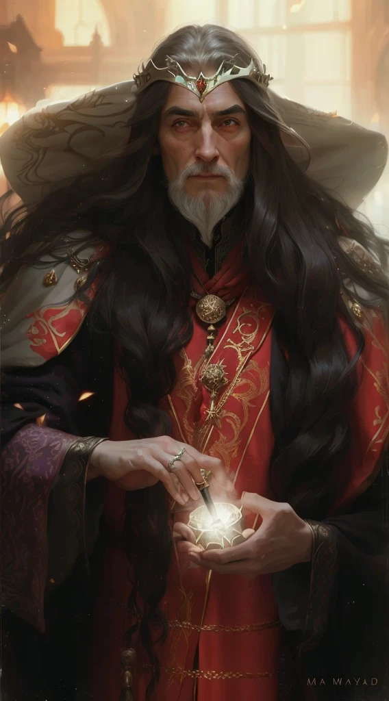 a close up of a person with long hair wearing a crown, maya there as an ad&d sorcerer, portrait of a red sorcerer, maya ali as d&d sorcerer, wiccaniano, maya there as a magician, Yuri Shwedoff e Tom Bagshaw, portrait of a slender elven man, Gandalf as an elven man