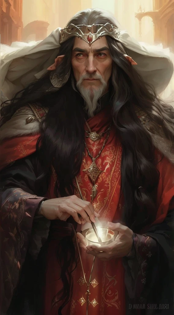 a close up of a person with long hair wearing a crown, maya there as an ad&d sorcerer, portrait of a red sorcerer, maya ali as d&d sorcerer, wiccaniano, maya there as a magician, Yuri Shwedoff e Tom Bagshaw, portrait of a slender elven man, Gandalf as an elven man