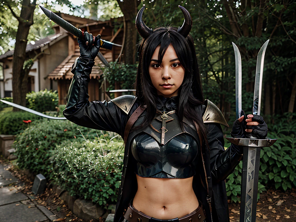 1girl wearing dark bounty hunter armor/clothes, has black horns, carrying large anime sword