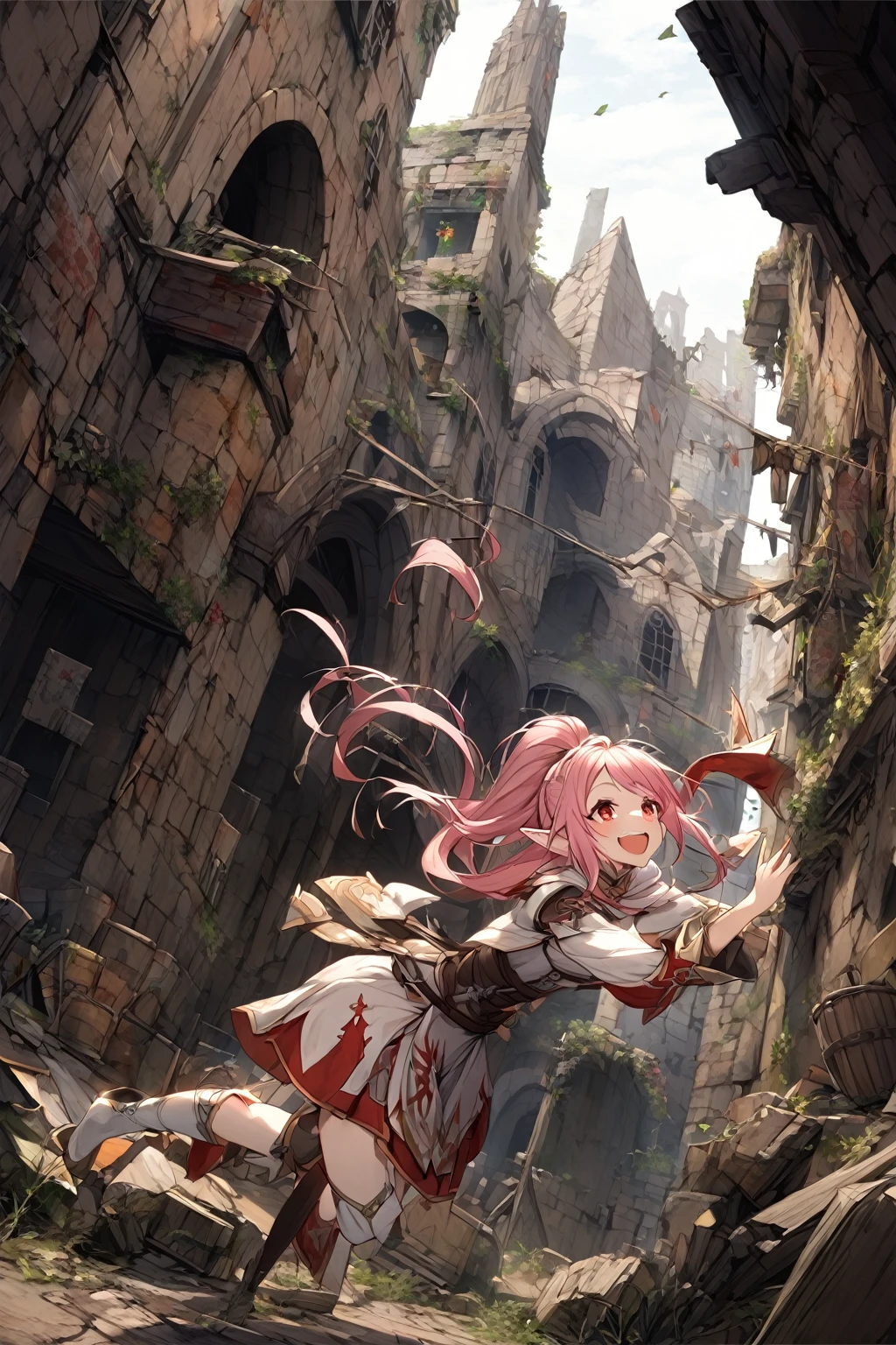 1 girl, Female Elf, , Long, straight pink hair, Medieval white clothing , Red eyes, smile,laugh,white skin,standing,ruin place background,((dynamic pose)),((dynamic angle)),