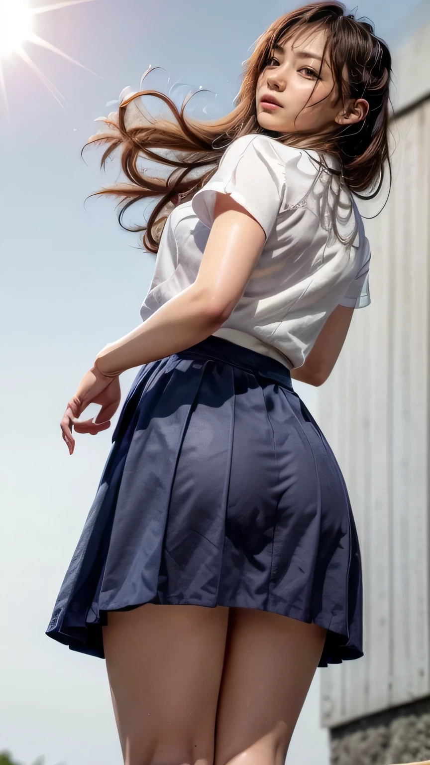 (Climbing the stairs:1.2、Carry a backpack、Stick your butt out)、((White blouse、(Long pleated skirt:1.2))、(Rear View、View from directly below)、(Realistic、Like a photograph、Live Action、8k, Realistic, RAW Photos, Best image quality: 1.4), Single-lens reflex camera、RAW Photos, Highest quality, Realistic, Highly detailed CG Unity 8k wallpaper, Written boundary depth, Cinematic Light, Lens flare, Ray Tracing, Realistic background、((ultra high density skin))、 after school、(whole body:1.5)、Long Hair 1.2、Hair blowing in the wind:1.4)、I like that style、stylish、Very detailed、Pay attention to the details、Perfect outfit、(Sunburned skin)、Rear View、Accurate hands、Accurate legs、Detailed hands and fingers、Anatomically correct body、Thin legs、Thin thighs、Small breasts、Very detailedな顔