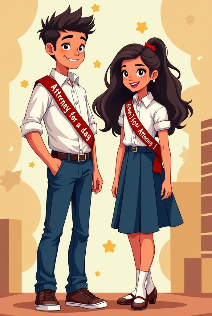 A student boy in navy blue pants and a white button-down shirt, a crossed band that says attorney for a day in Spanish, and a girl in a navy blue skirt and white button-down shirt with a cross-over band that says Deputy Attorney I, happy in cartoon style drawing form 

