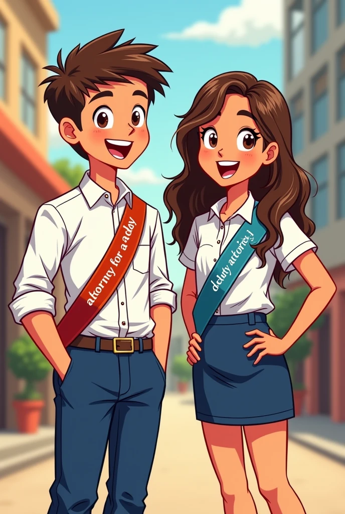 A student boy in navy blue pants and a white button-down shirt, a crossed band that says attorney for a day in Spanish, and a girl in a navy blue skirt and white button-down shirt with a cross-over band that says Deputy Attorney I, happy in cartoon style drawing form 

