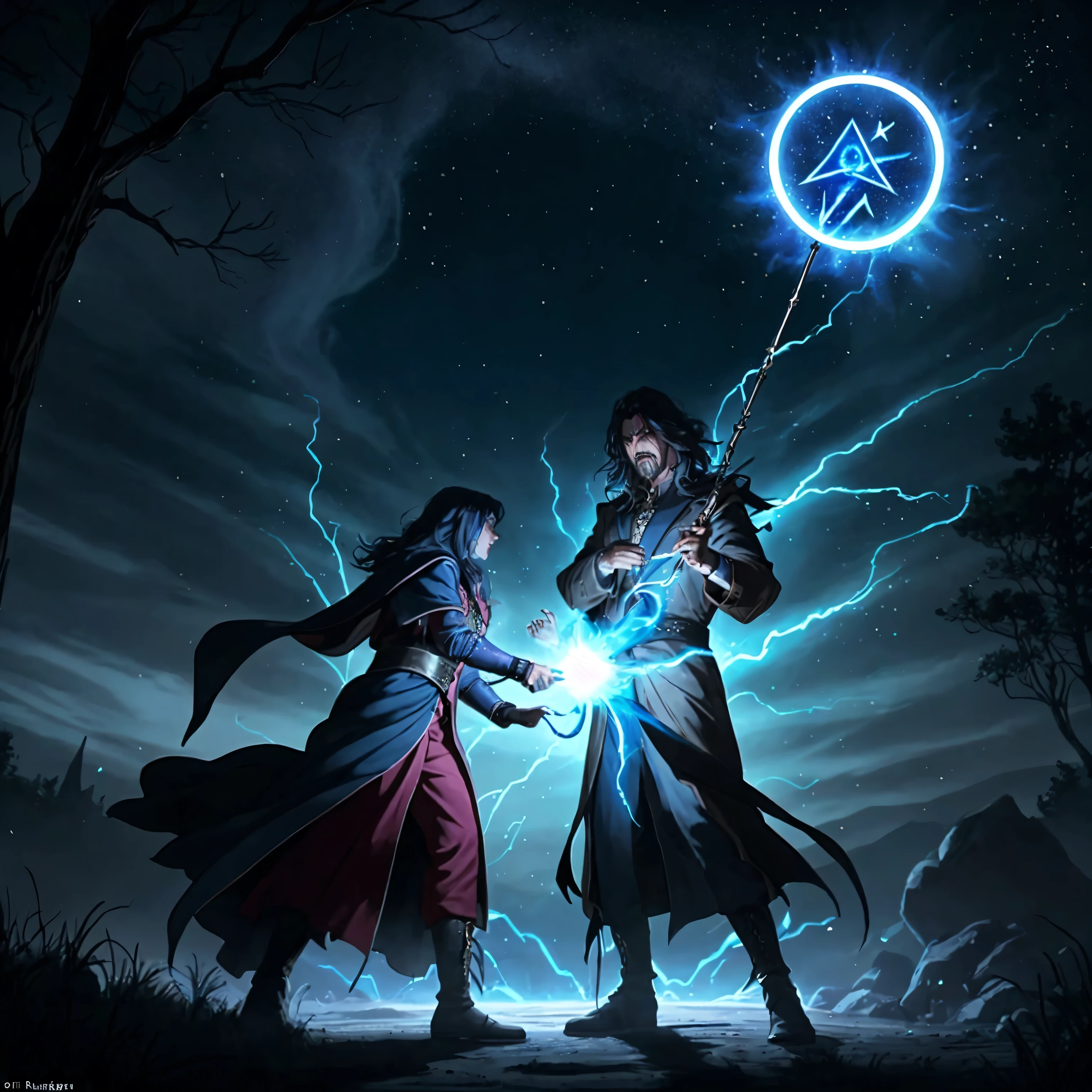 A cinematic, intense scene of a powerful wizard from the Magic Kingdom battling a dark sorcerer. The wizard casts a spell, sending a beam of bright energy towards the sorcerer, who counters with a swirling vortex of dark magic. The impact creates a shockwave, pushing back nearby soldiers and causing the ground to crack. Magical runes and symbols glow around them, adding to the mystic atmosphere. The background includes soldiers fighting and the sky filled with magical energies. High level of detail and realism to match cinematic quality, capturing the dynamic and powerful nature of the magical duel.