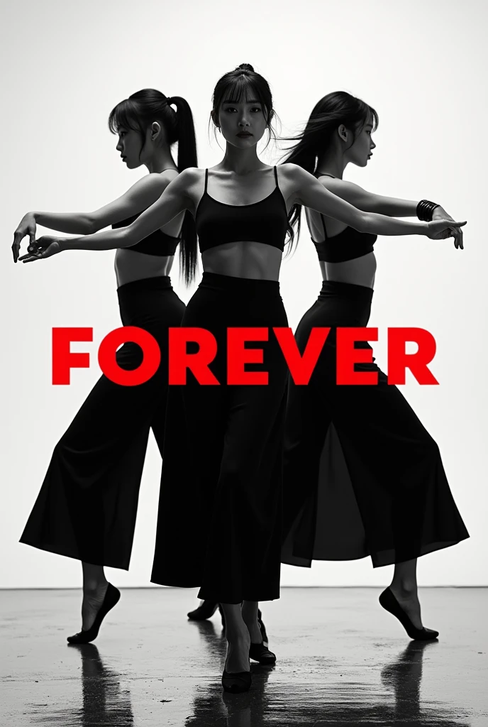 Three Korean female kpop dancers in black and white theme with middle letters in the middle written forever in red, album layer style