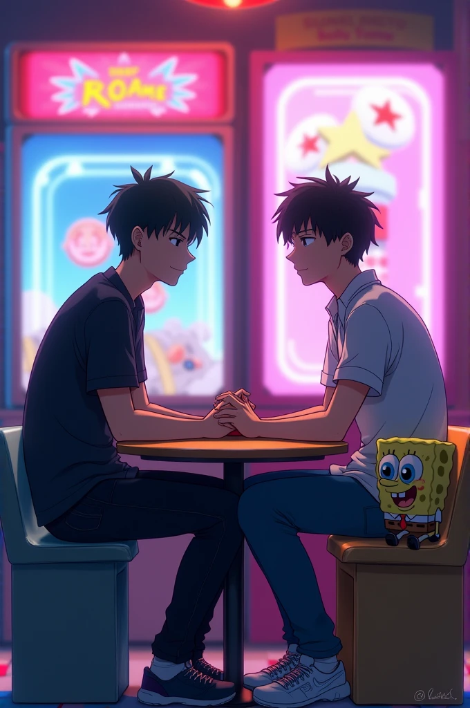 two men anime style, in an Arcade, sitting at a round table, They are sitting on anime style benches , On a third bench sits an anime-style SpongeBob plush toy.
