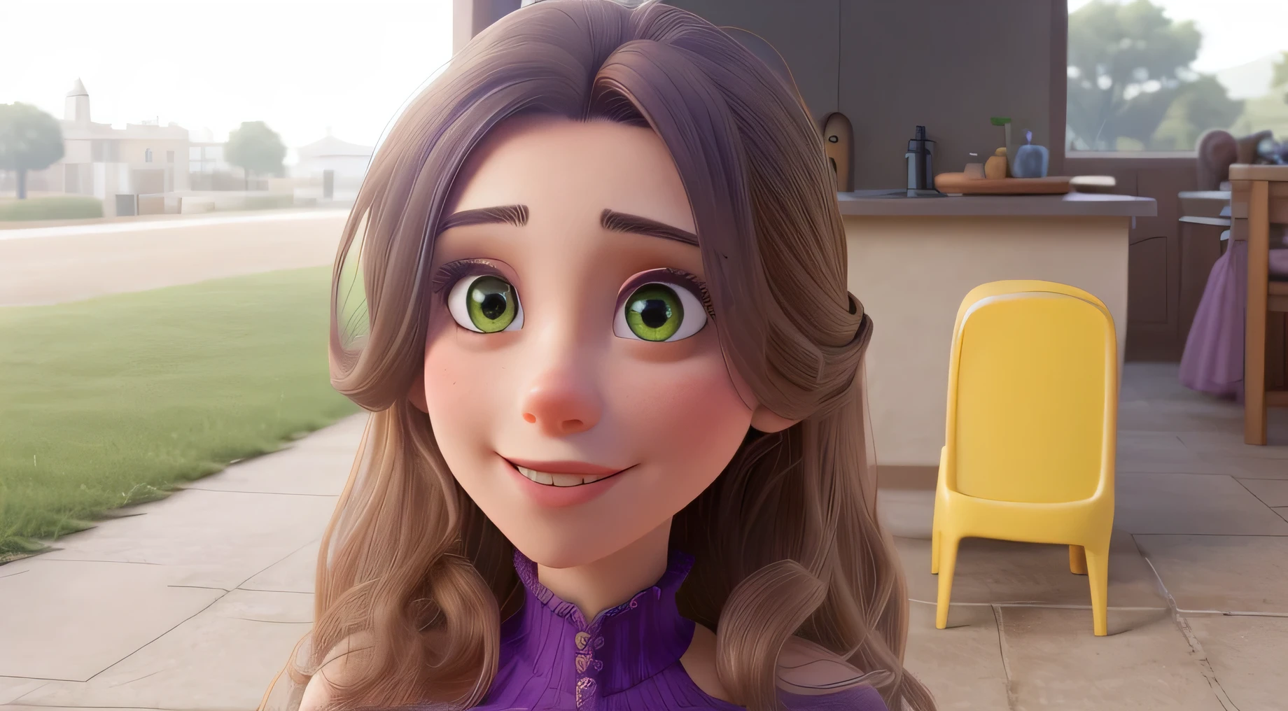 brown eyes and neat hair happy woman, dark brown hair and eyes, elegant dress with shades of purple and green