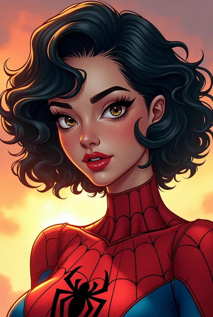 Make me a comic book girl dressed as spiderwoman, Short black curly hair with yellowish tones below, semi-slanted eyes, semi-wide nose with freckles on parts of his face, face outlined with something round, very pretty semi-wide lips and burnt white, black eyes with some brown 