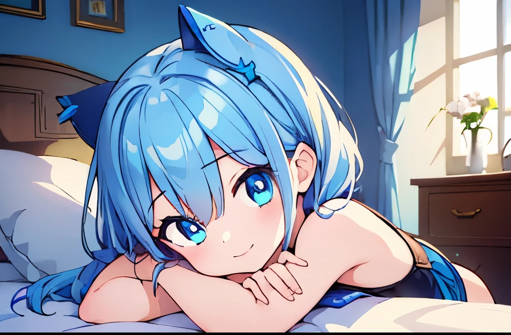 ((masterpiece)), ((best quality)), (ultra-detailed), on the bed, a cute girl, 1girl, solo, underwear00, ((beautiful eyes)), smile, beautiful blue hair