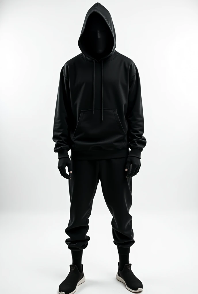 Straight person with straight head, with a white background without much light,wearing a black ninja hood completely covering his face , black hooded sweatshirt, No nails, 2 long black gloves, long black pants, black socks and black shoes