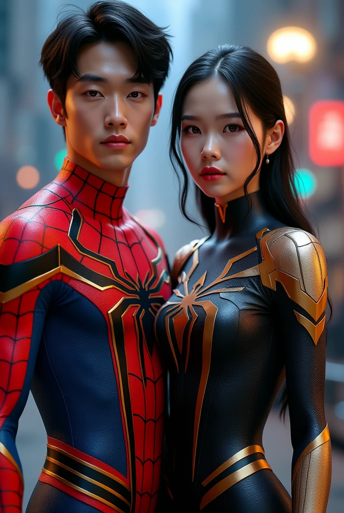 Create an image where a Korean man wears a red and gold Iron Spiderman suit and a Korean woman wears a black and white Spiderman suit., only half of their bodies are visible, and the background is night,