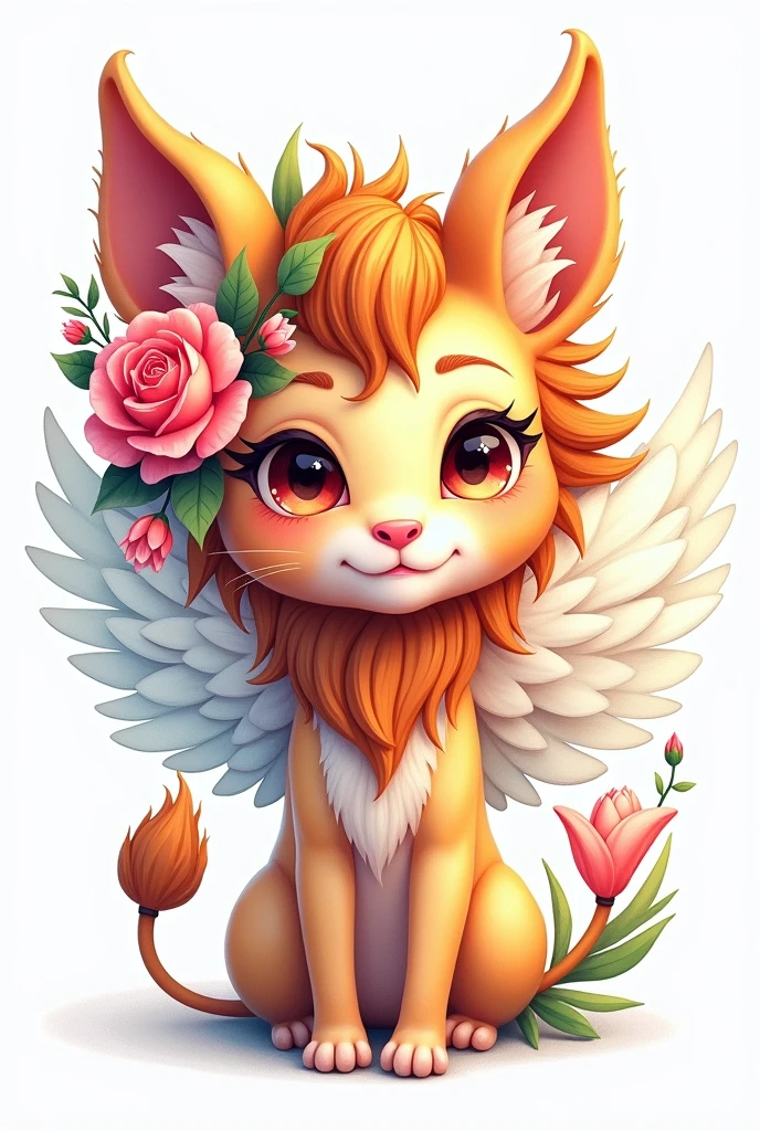 ((White background)), ((clipart )), ((sticker)), (((Lion's ear)), Watercolor Beautiful Wild Rose Fantasy Art, perfect eyes with beautiful face and flowers., Angel wings, chibi Beautiful animation style, bright and vivid colors, intricate details, hyper detail, hyper quality, 32K, unreal engine, isolated on White background, Beautiful, Centelleo