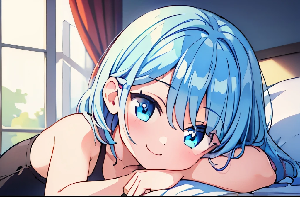 ((masterpiece)), ((best quality)), (ultra-detailed), on the bed, a cute girl, 1girl, solo, underwear00, ((beautiful eyes)), smile, beautiful blue hair