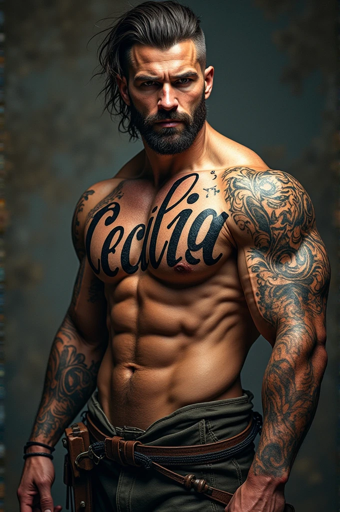Create lettering with the name Cecilia tattoo male style