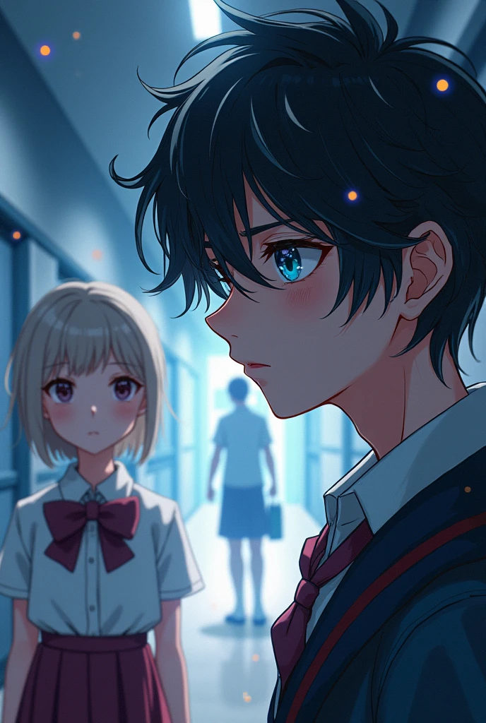 (Close-up of a better masterpiece: 1.5) 0.9], (Space and astronauts: 1.2) (Disheveled silver hair: 1.1) (Xanthochromia heterochromia and blue eyes: 1.2) (space helmet: 1.0) (colorful stars in the eyes: 1.0) (A radiant glow: 1.1) (thick lips: 0.9) A mature black haired boy leaning in a school hallway, being watched by a fair-haired girl with captivating beauty, the girl wears a wine skirt, a white blouse… Ultra quality 