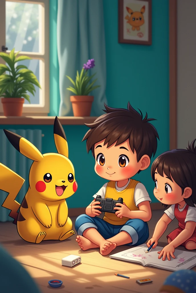 A boy playing video games, a pikachu boy and a girl drawing