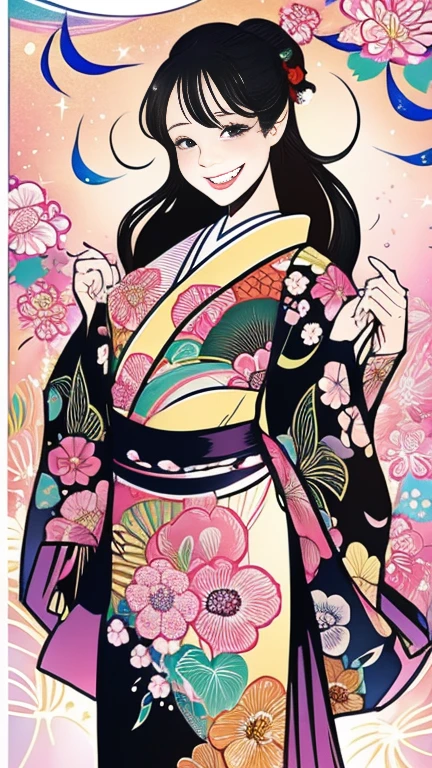 (SeaArt creates stunning illustrations of beautiful women in kimono)、Vividly colored Japanese Ukiyo-e style illustrations、A beautiful woman smiles and shows her upper white teeth、Brown-black long hair、Beautiful full body style、If you want to dance, let&#39;s dance, Tokyo Ondo, Yoi Yoi、Beautiful new digital paintings,、Bright vibrant digital anime art、 Beautiful anime portraits、background,Japanese shrine torii gate front、 Detailed digital anime art、