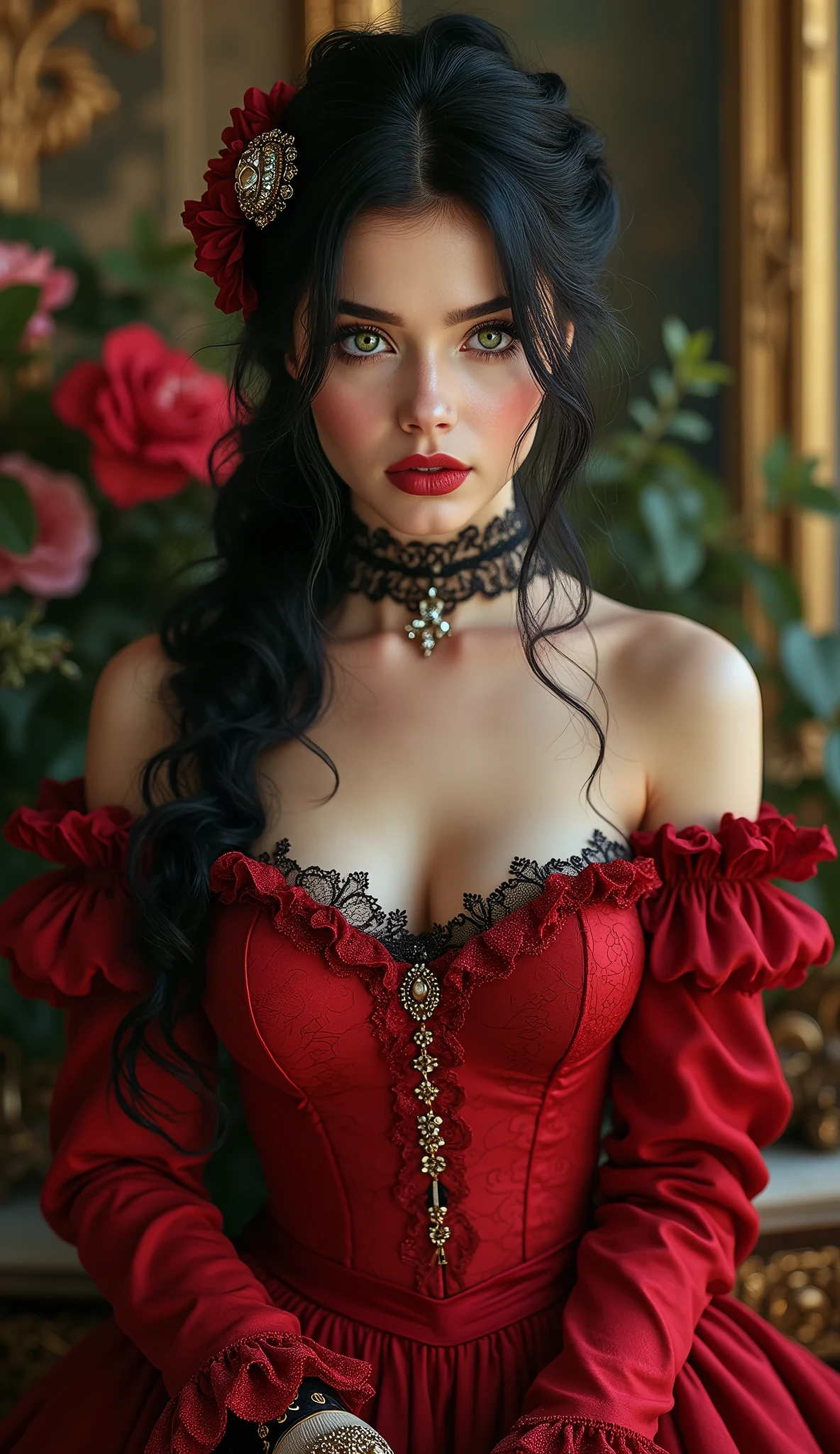 Create a beautiful woman, green eyes, detailed eyelashes and eyebrows, red mouth, long curly black hair tied on one side of the head, a jewel ornament in her hair, wearing a red Victorian style dress with lace and gold thread, choker lace with jewels, legs with black lace stockings, wearing a pair of high heel shoes, red soles, in intricate rococo style designs, with gold thread applications, atelier background, flowers, light falling on the hair, in the most high quality.