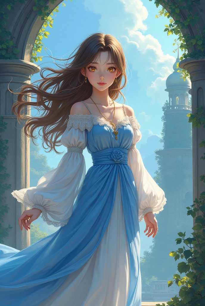 A beautiful girl with brown hair and bright yellow eyes, dressed in blue and white clothes. She is the main character who ended up in another world. (Fantasy theme, anime style of image)