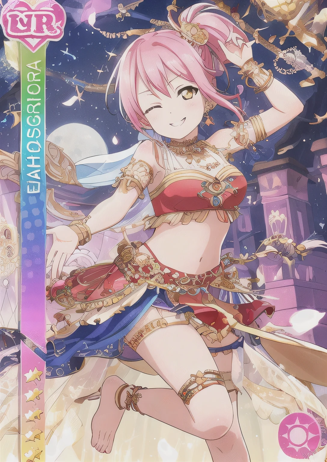 masterpiece, best quality, masterpiece, LLCard, UR rarity, detailed background, pink attribute, one eye closed, jewelry, dancing, dancer, yellow eyes, smile, short side ponytail hair, moon, cotton candy pink hair, star \(sky\), veil, pillar, barefoot, skirt, arabian clothes, starry sky, sky, earrings, night, looking at viewer, standing on one leg, night sky, standing, necklace, anklet, circlet, column, see-through, frills, bare shoulders, harem outfit, star \(symbol\), full moon, arm up, armlet, petals, sparkle, bracelet, leg up, gem, ankle lace-up, frilled skirt, midriff, choker, collarbone, thigh strap, barefoot sandals, sun symbol, thighlet, sandals, cross-laced footwear, (dont mess up the hands:1.4)