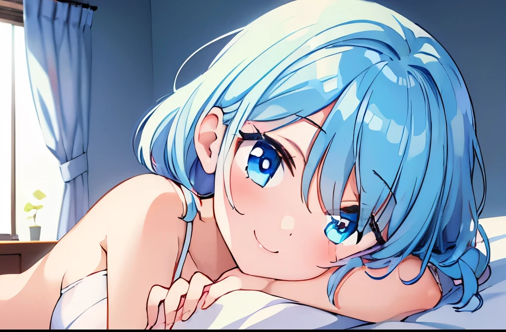 ((masterpiece)), ((best quality)), (ultra-detailed), on the bed, a cute girl, 1girl, solo, underwear00, ((beautiful eyes)), smile, beautiful blue hair