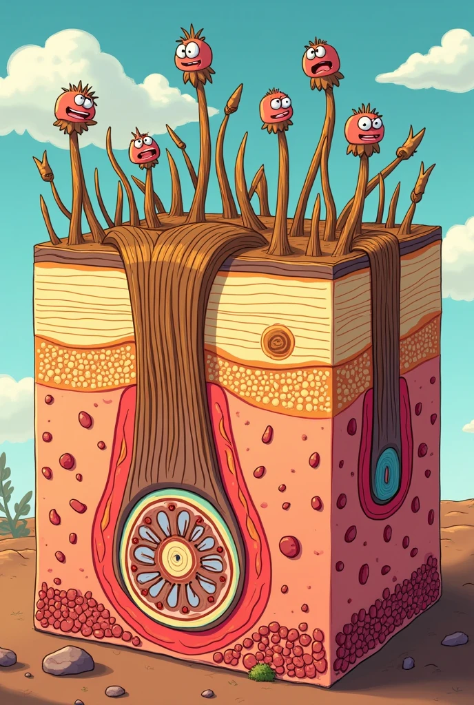 A cartoon style image of the structure of human hair.