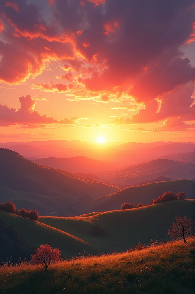 create an image of a sunset from the top of a hill