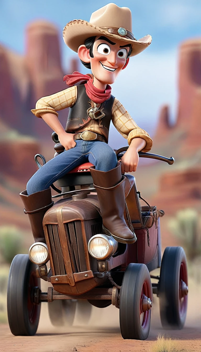 Buddy the cowboy driving a hearly davison, wild west background, full shot
